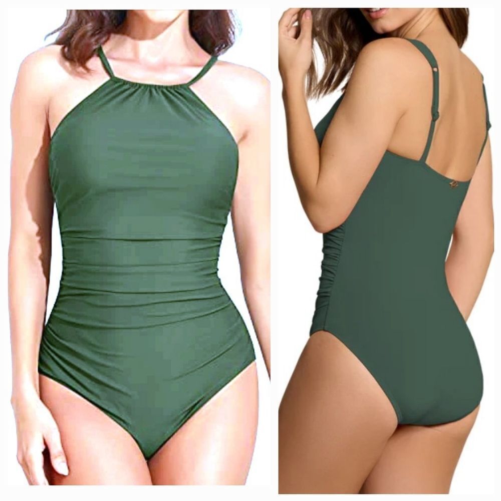 Jantzen Women's Green One Piece High Neck tummy control Swimsuit Size 10